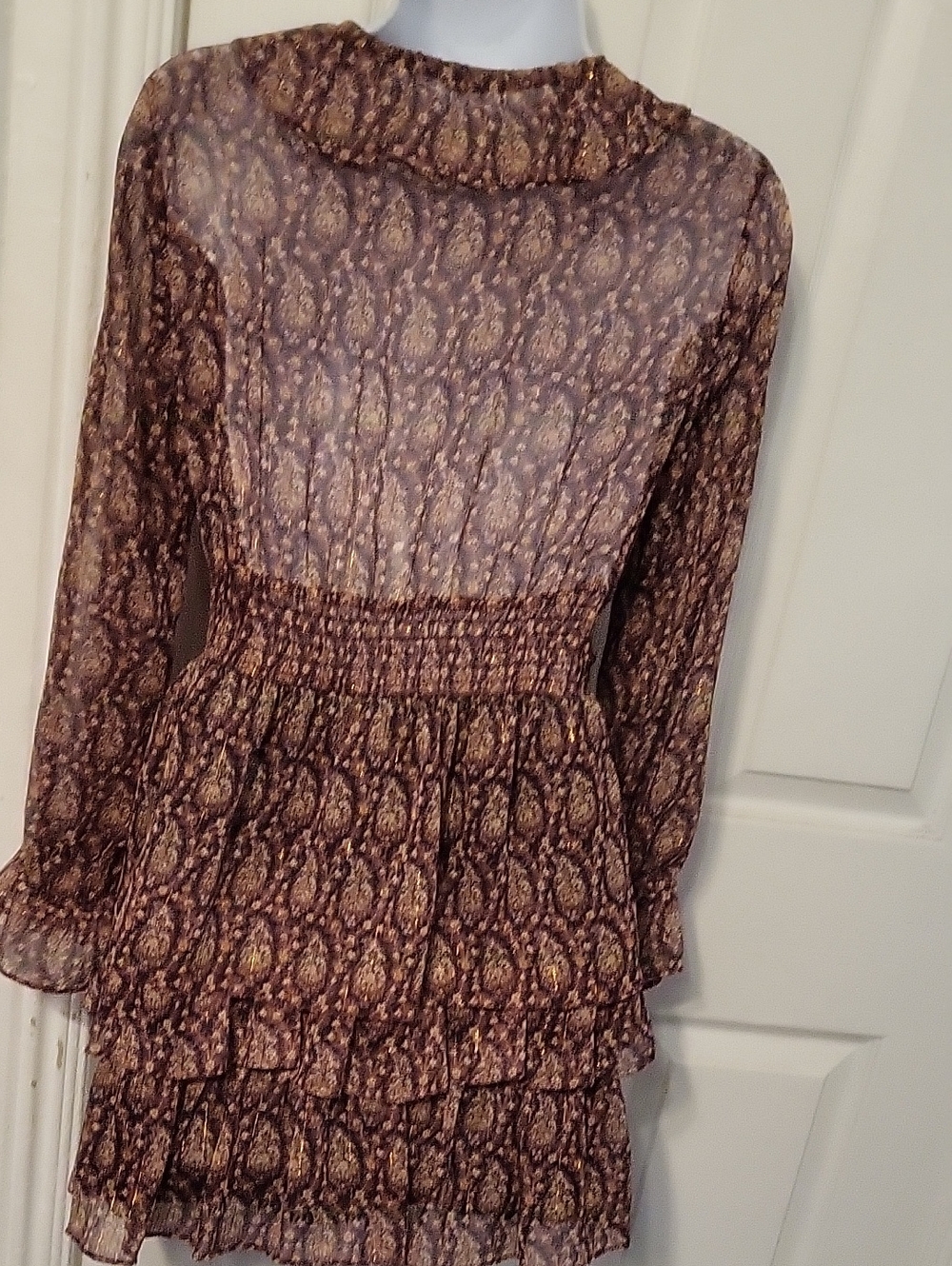 Zara Smocked Waist Ruffle-Tiered Long-Sleeve Dress in Brown Paisley - Picture 7 of 11